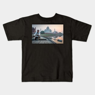 Man Rowing Boat on Yamuna River with Taj Mahal Kids T-Shirt